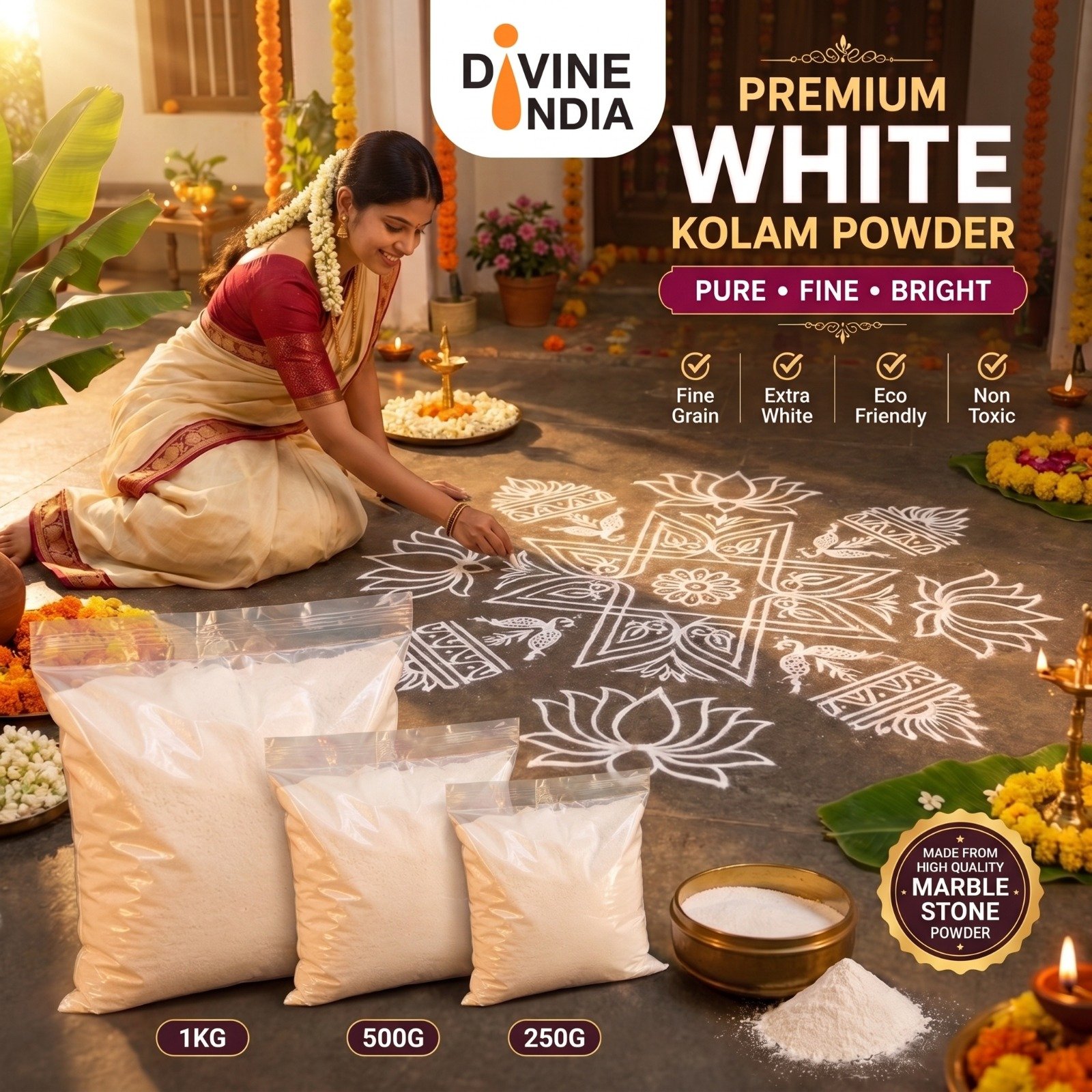 White Colour Premium Kolam Powder | White Rangoli Powder | Sand Type | Home Art