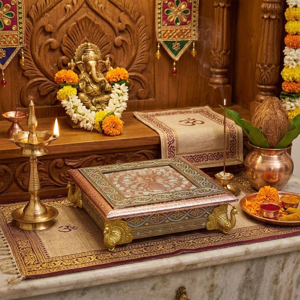 Decorative Meenakari Peacock MDF Square Pooja Chowki | Aluminium Foil Chowki | Kolam Manai | All Purpose Stand | 1 Peice - Image 2