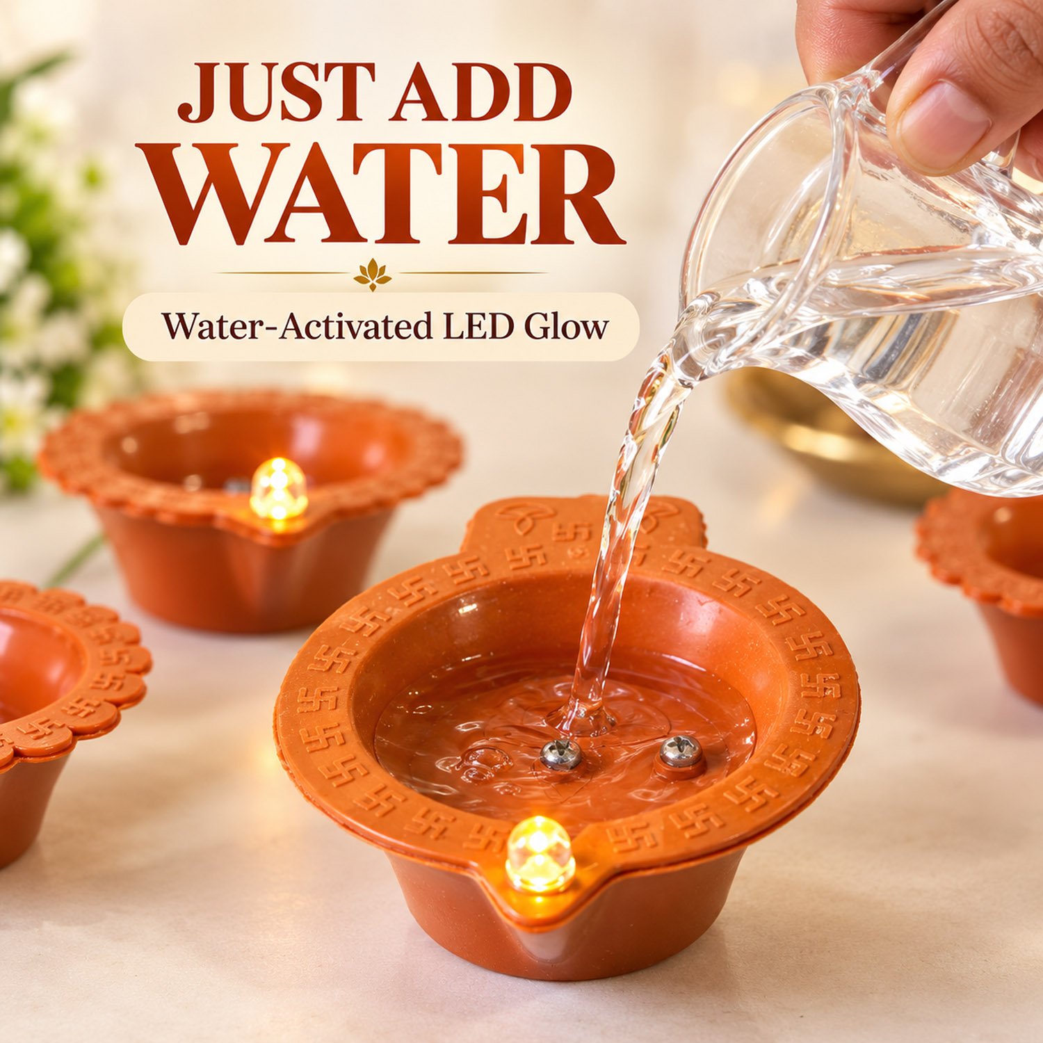 Water Sensor Diya Om Design | LED Villaku Set I Battery Operated (12 pcs) | Deepavali Festive Decor - Image 2