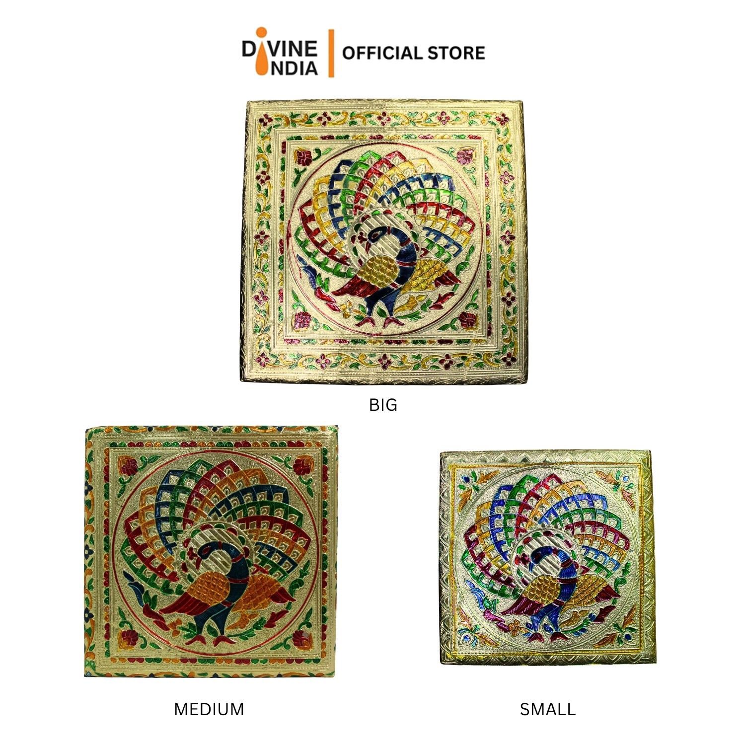 Gold Meenakari Peacock MDF Square Pooja Chowki | Aluminium Foil Gold Chowki | Kolam Manai | All Purpose Stand | 1 Peice - Image 2