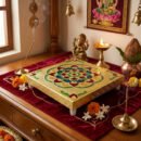 Gold Meenakari Floral MDF Square Pooja Chowki | Aluminium Foil Gold Chowki | Kolam Manai | All Purpose Stand | 1 Peice