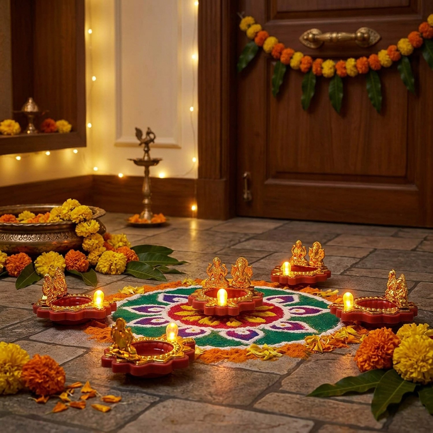 Water Sensor Diya Set Lakshmi Ganesha Design | LED Villaku Set I 1 pc | Deepavali Festive Decor