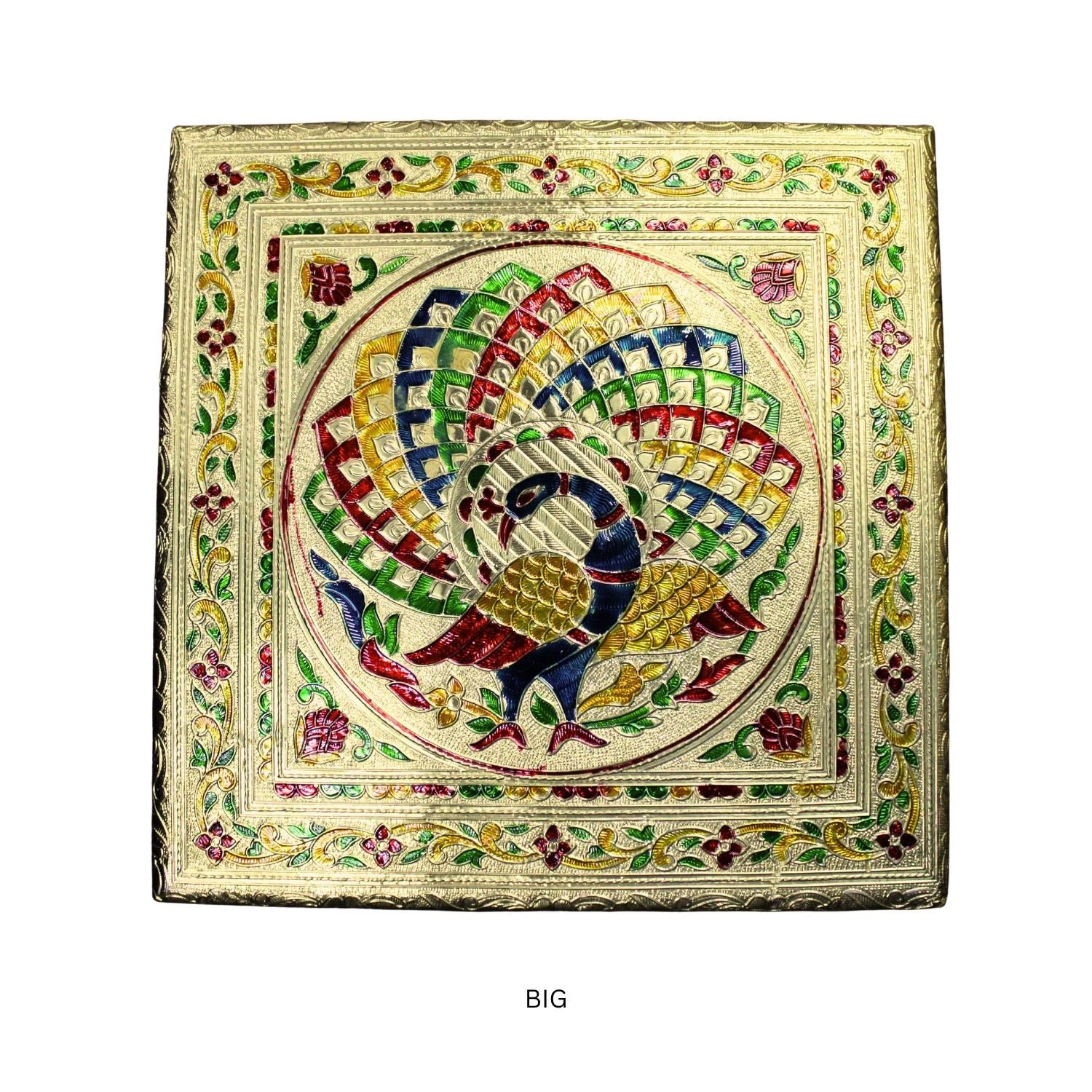 Gold Meenakari Peacock MDF Square Pooja Chowki | Aluminium Foil Gold Chowki | Kolam Manai | All Purpose Stand | 1 Peice - Image 3