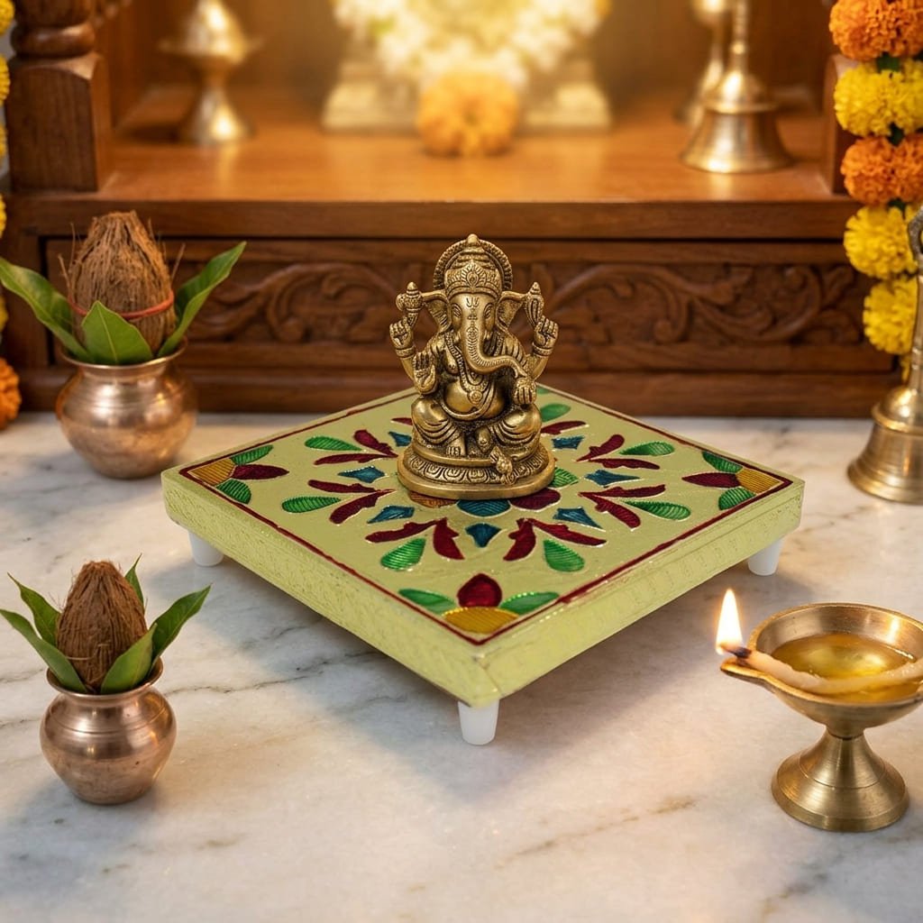 Gold Meenakari Flower MDF Square Pooja Chowki | Aluminium Foil Gold Chowki | Kolam Manai | All Purpose Stand | 1 Peice