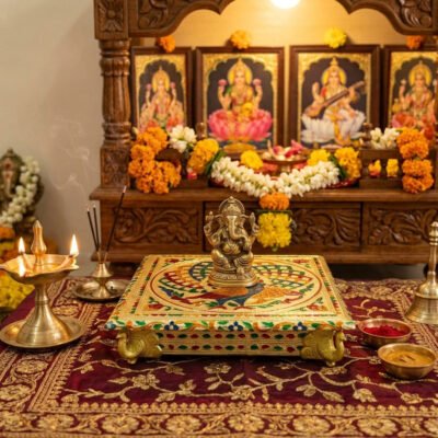 Gold Meenakari Peacock MDF Square Pooja Chowki | Aluminium Foil Gold Chowki | Kolam Manai | All Purpose Stand | 1 Peice