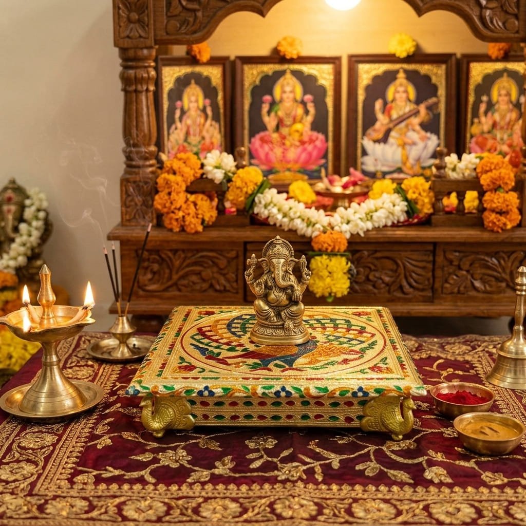 Gold Meenakari Peacock MDF Square Pooja Chowki | Aluminium Foil Gold Chowki | Kolam Manai | All Purpose Stand | 1 Peice