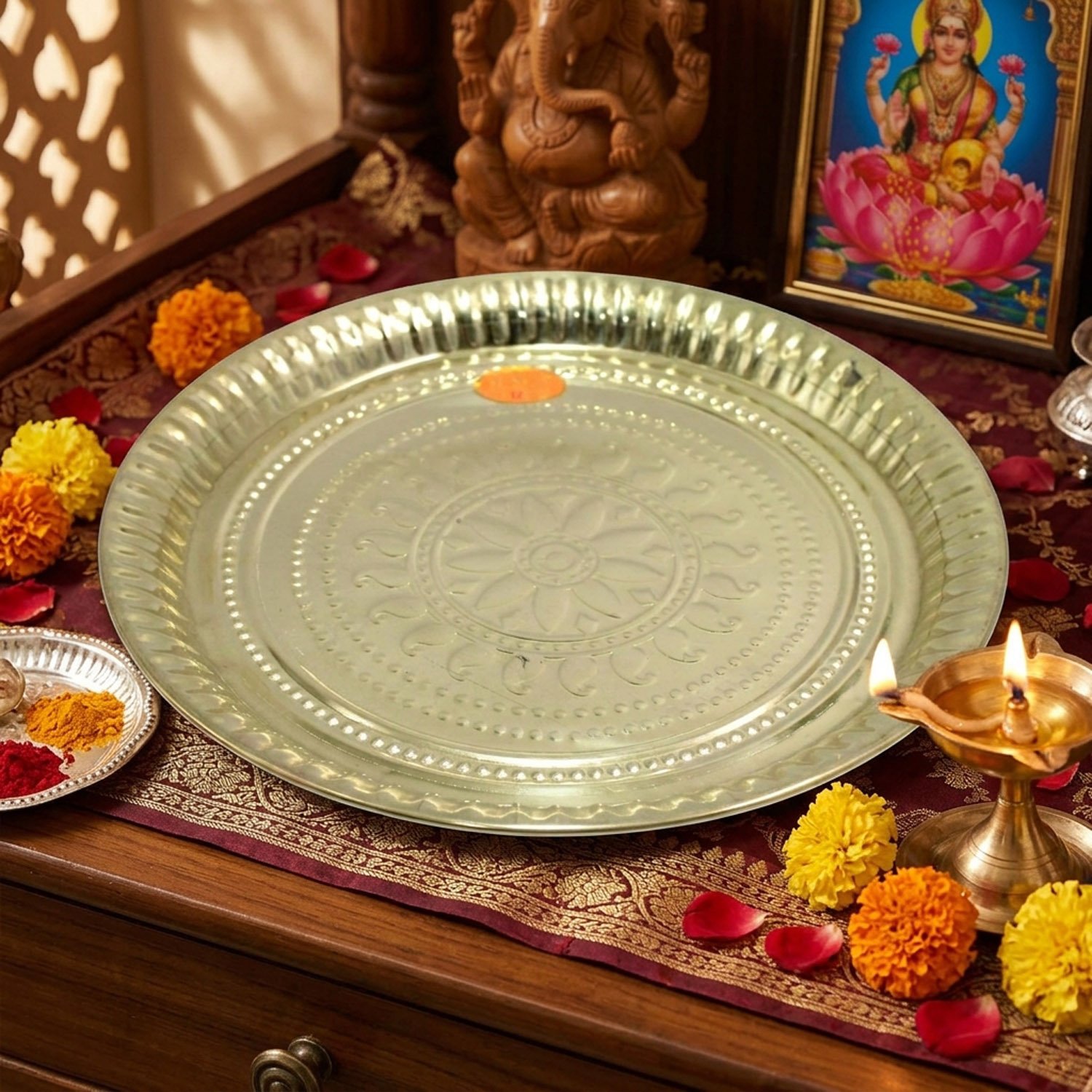 New Brass Pooja Plate Flower Design | Brass Plate Golden Color