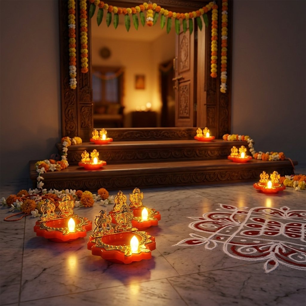 Water Sensor Diya Set Lakshmi Ganesha Design | LED Villaku Set I Battery Operated (1 pc) - Image 2