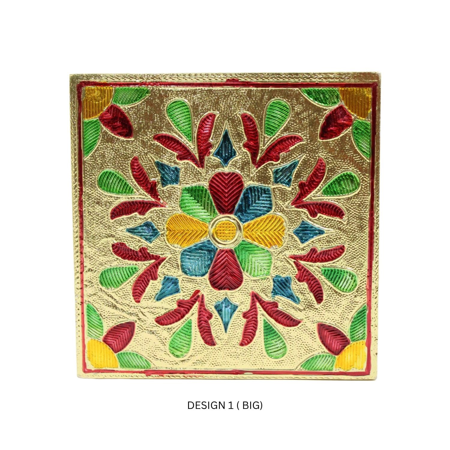Gold Meenakari Flower MDF Square Pooja Chowki | Aluminium Foil Gold Chowki | Kolam Manai | All Purpose Stand | 1 Peice - Image 3