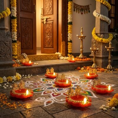 Water Sensor Diya Set Lakshmi Ganesha Design | LED Villaku Set I Battery Operated (1 pc)
