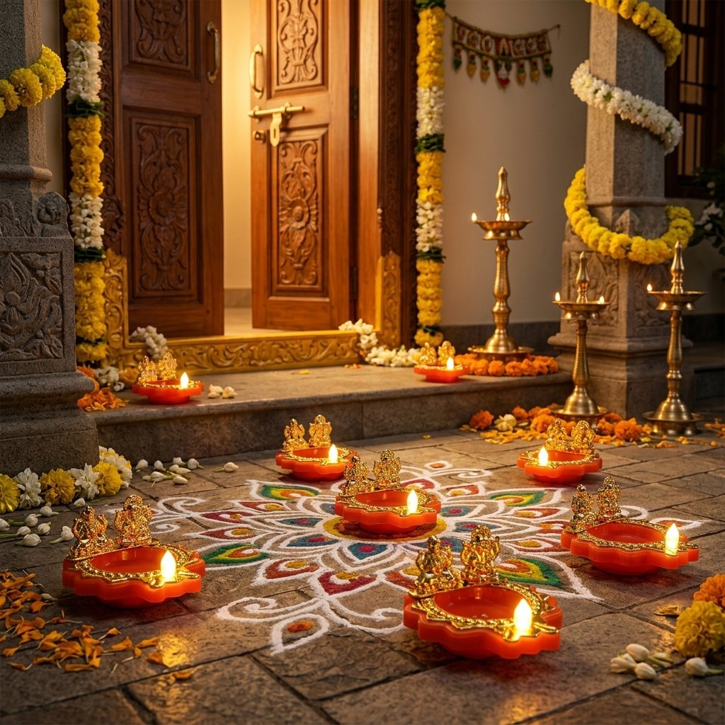 Water Sensor Diya Set Lakshmi Ganesha Design | LED Villaku Set I Battery Operated (1 pc)