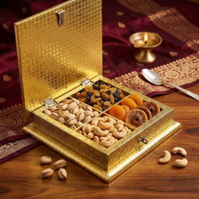 Gold Decorative Storage Box with Compartments for Gifts and Pooja Items |  Aluminium Foil MDF Box