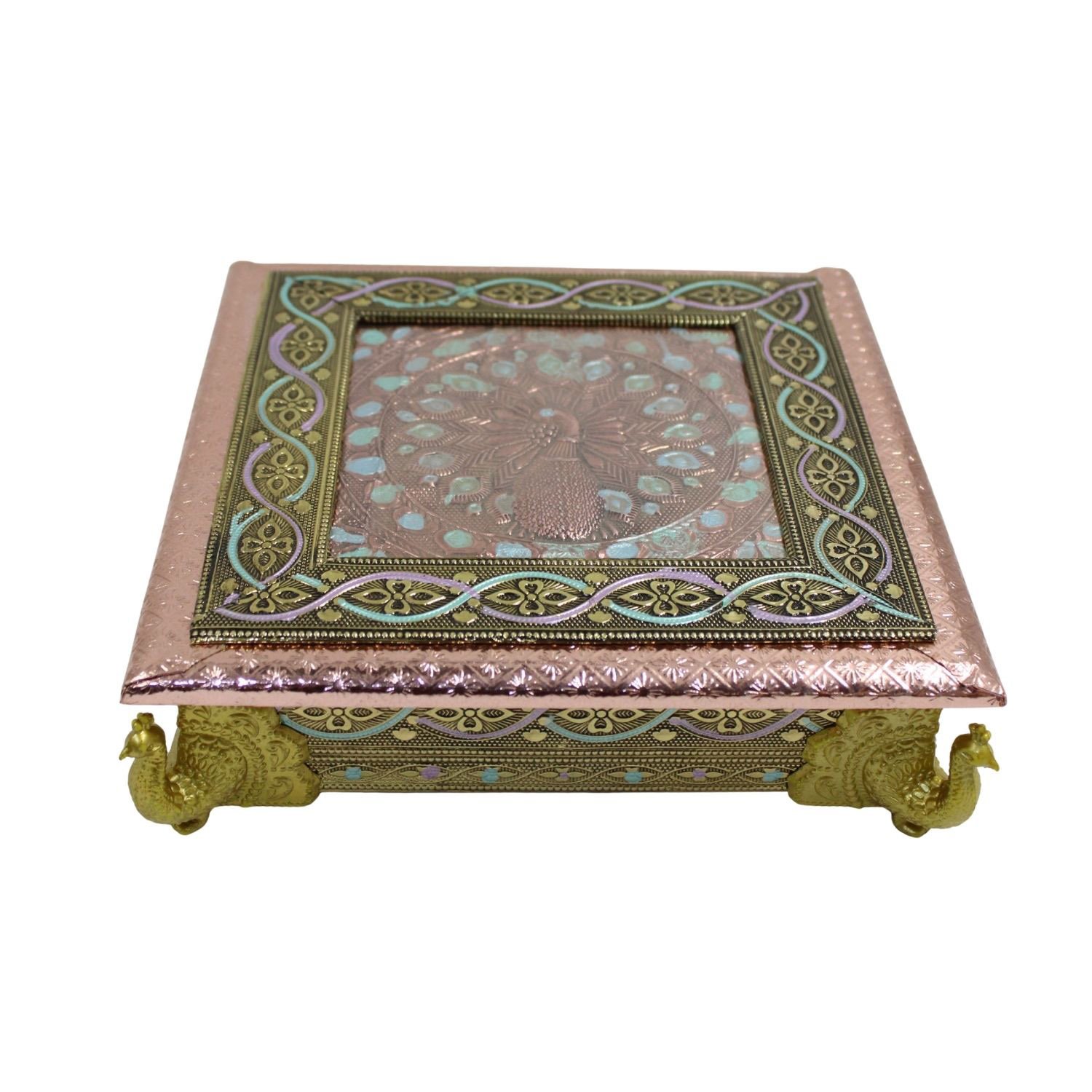 Decorative Meenakari Peacock MDF Square Pooja Chowki | Aluminium Foil Chowki | Kolam Manai | All Purpose Stand | 1 Peice - Image 6