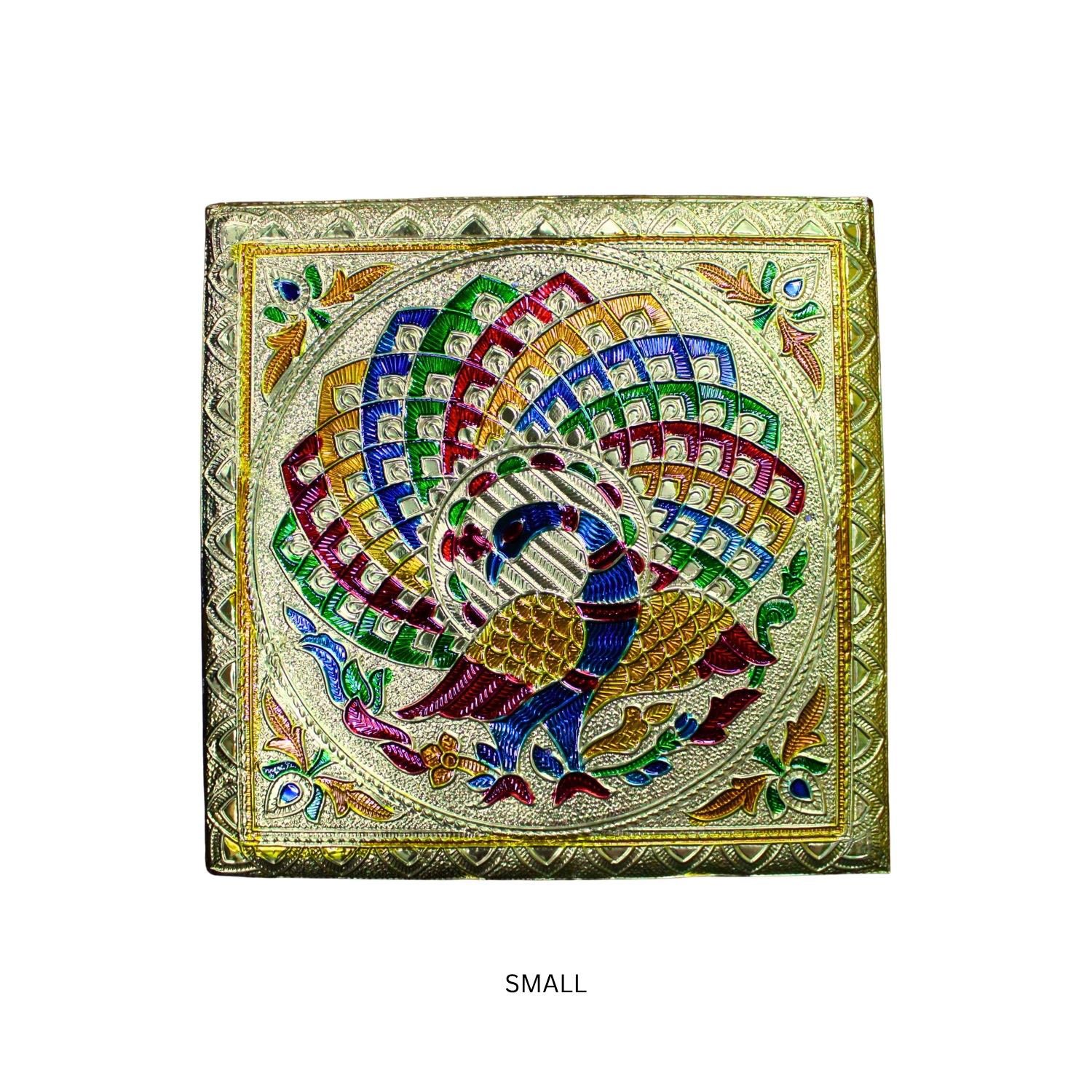 Gold Meenakari Peacock MDF Square Pooja Chowki | Aluminium Foil Gold Chowki | Kolam Manai | All Purpose Stand | 1 Peice - Image 6