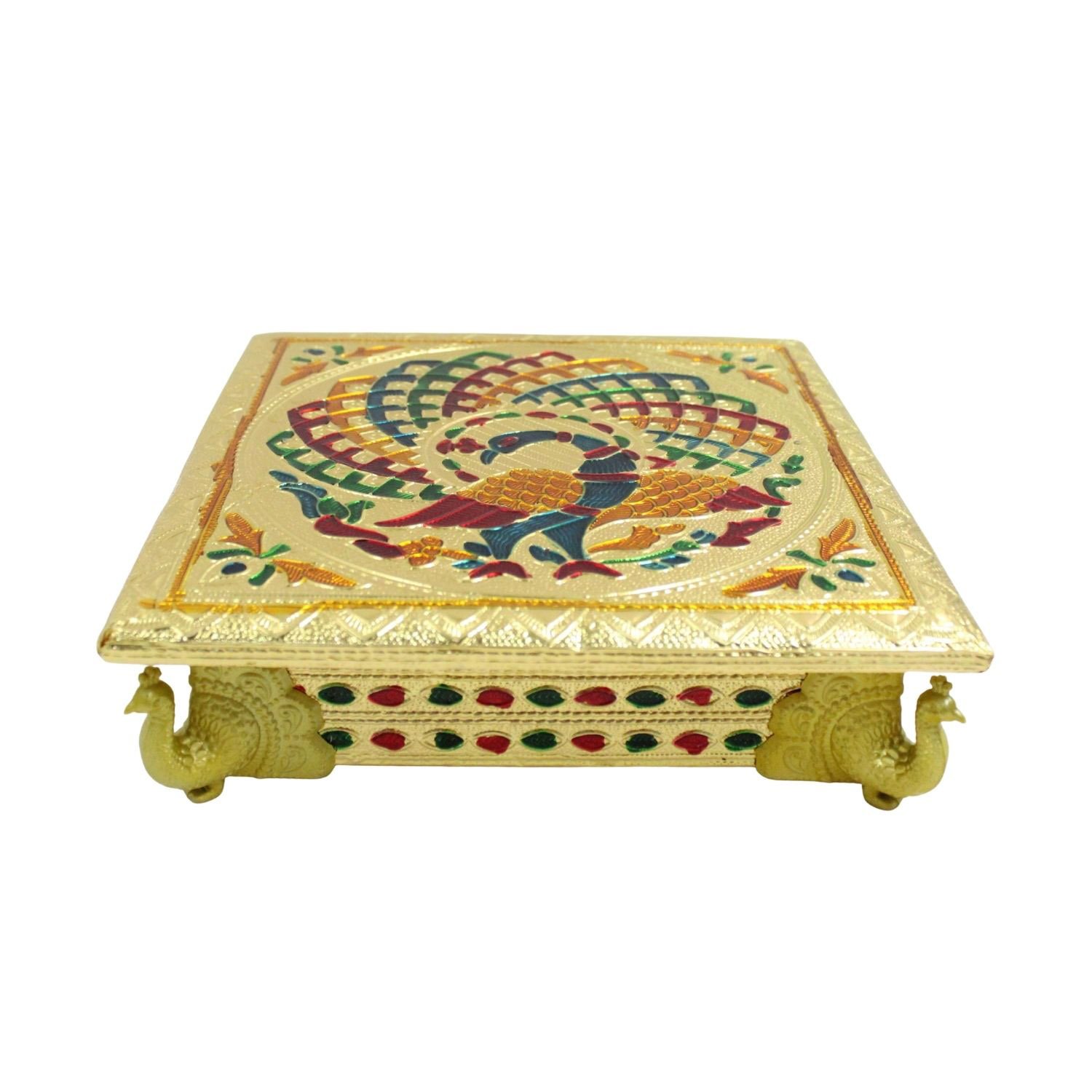 Gold Meenakari Peacock MDF Square Pooja Chowki | Aluminium Foil Gold Chowki | Kolam Manai | All Purpose Stand | 1 Peice - Image 8