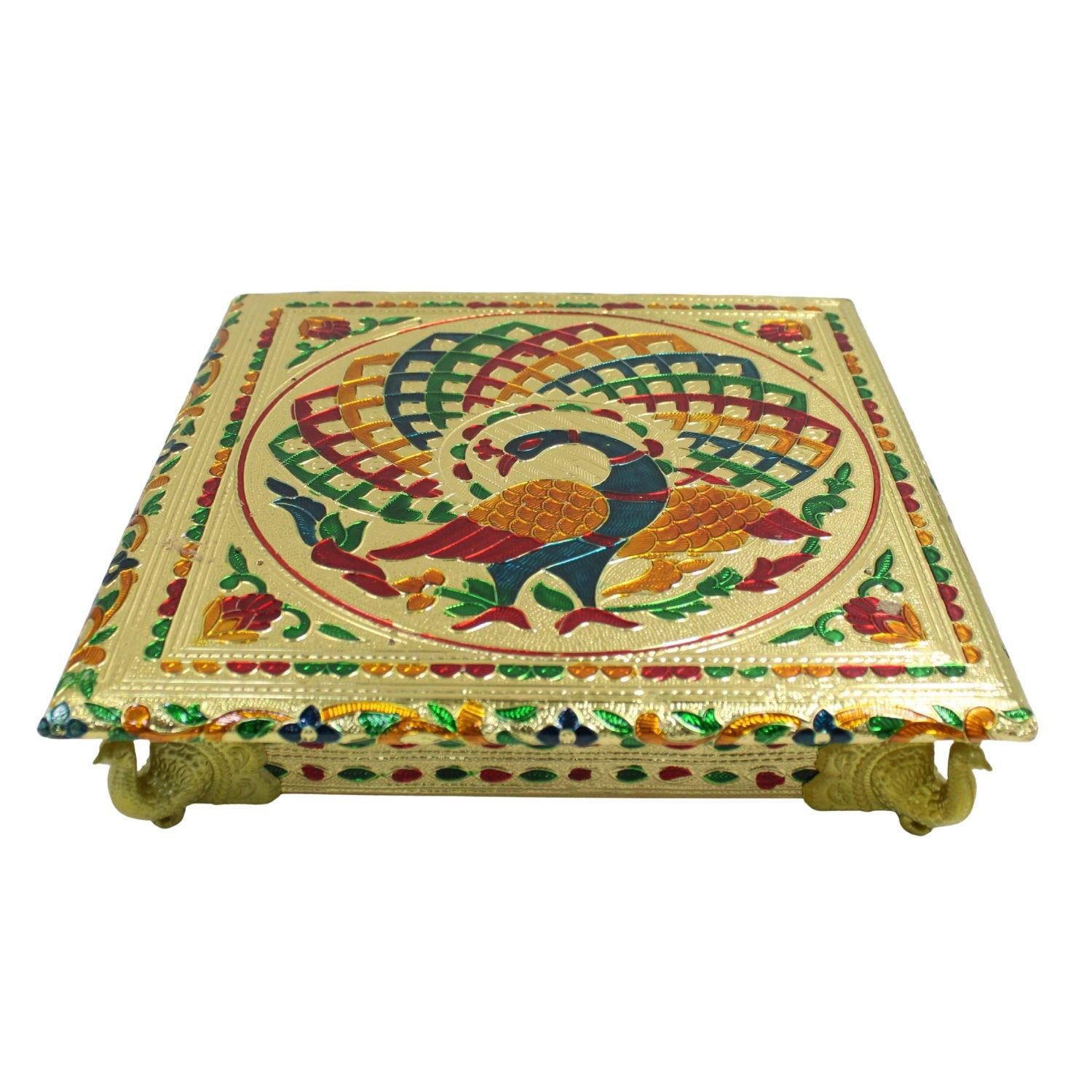 Gold Meenakari Peacock MDF Square Pooja Chowki | Aluminium Foil Gold Chowki | Kolam Manai | All Purpose Stand | 1 Peice - Image 7