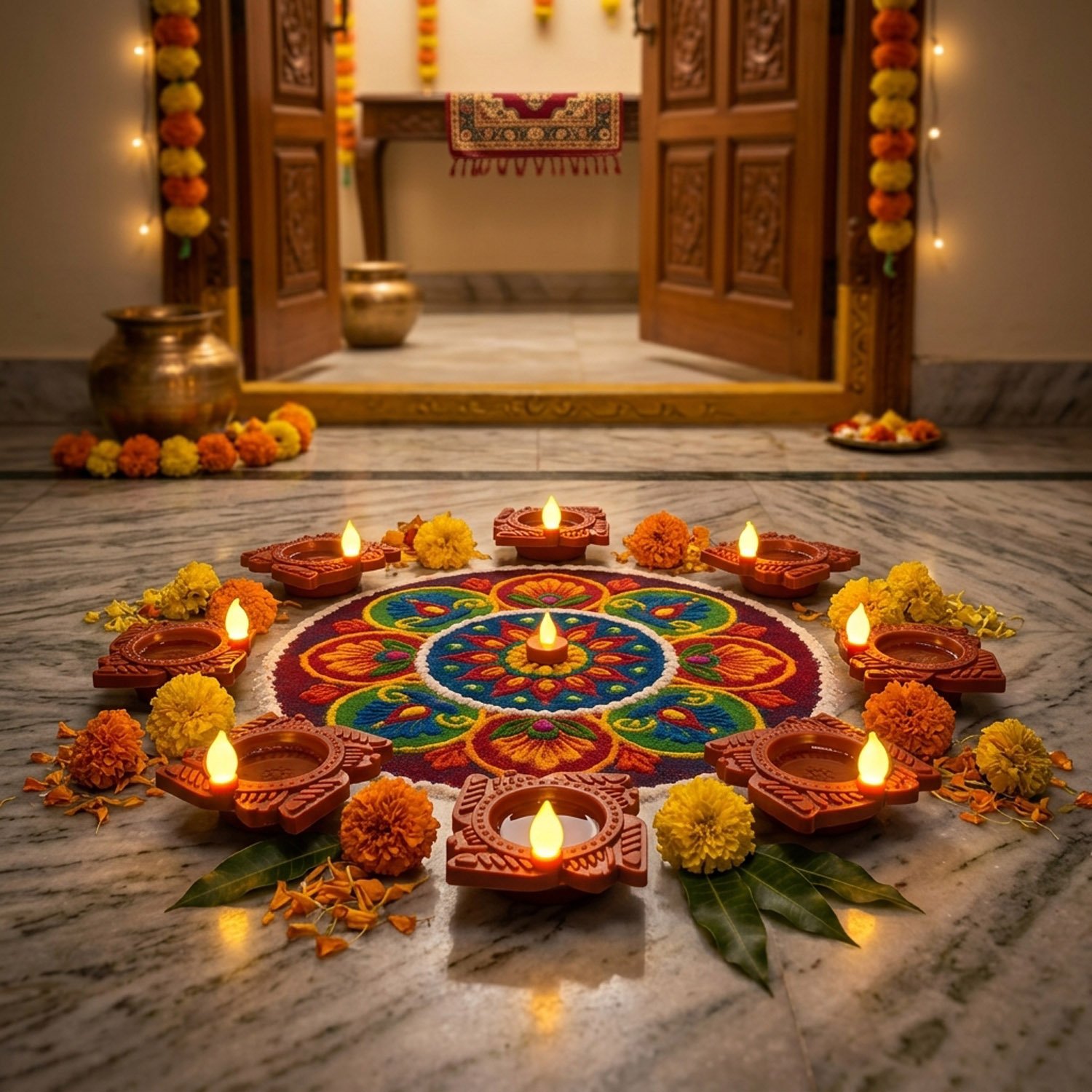 Water Sensor Diya Swastika Design | LED Villaku Set I Battery Operated (10 pcs) | Deepavali Festive Decor