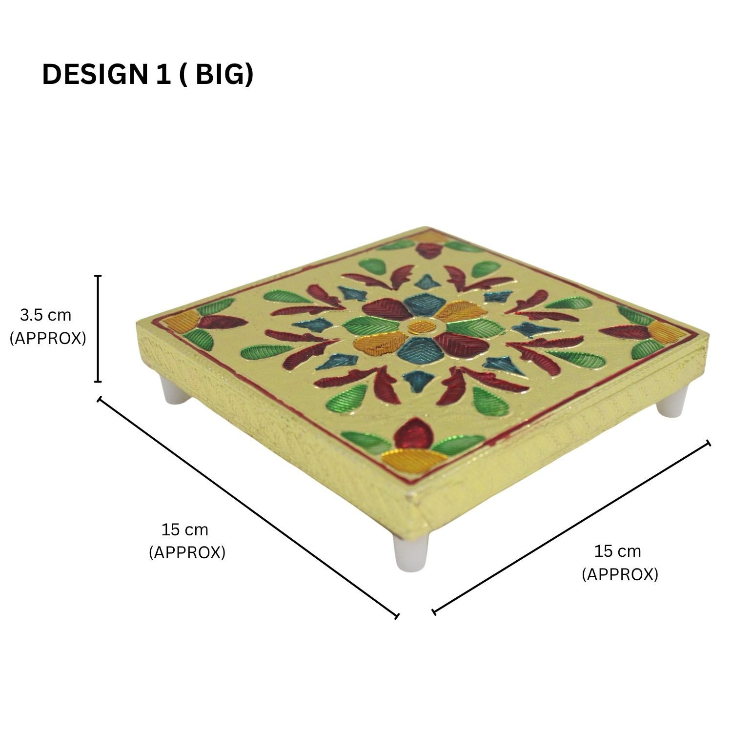 Gold Meenakari Flower MDF Square Pooja Chowki | Aluminium Foil Gold Chowki | Kolam Manai | All Purpose Stand | 1 Peice - Image 5