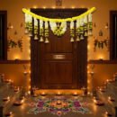 New Indian Flower Thoran Door Hanging | Decorative Floral Entrance Garland with Bell Accents | Festival & Pooja Decor