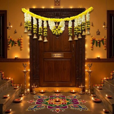 New Indian Flower Thoran Door Hanging | Decorative Floral Entrance Garland with Bell Accents | Festival & Pooja Decor