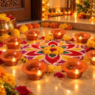 Water Sensor Diya Om Design | LED Villaku Set I Battery Operated (12 pcs) | Deepavali Festive Decor