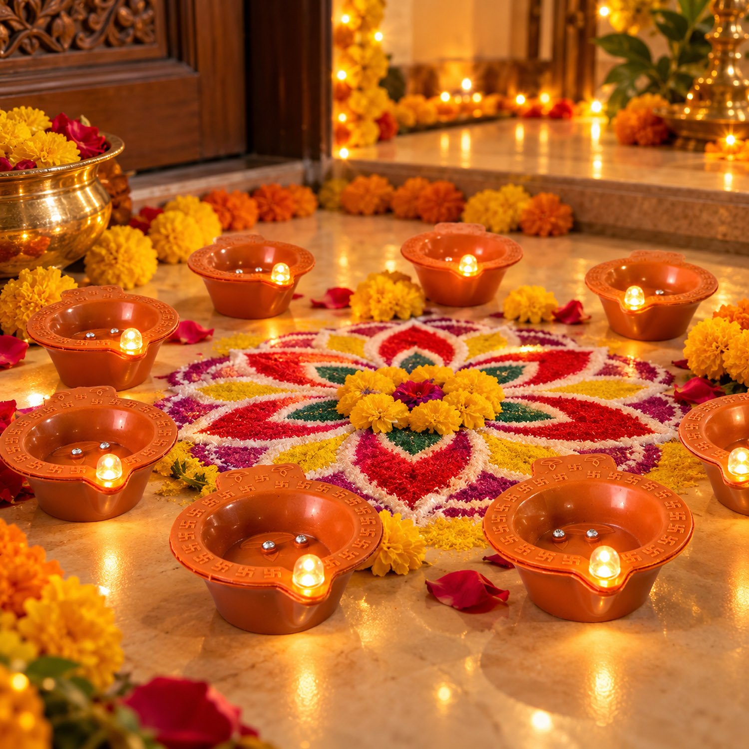 Water Sensor Diya Om Design | LED Villaku Set I Battery Operated (12 pcs) | Deepavali Festive Decor