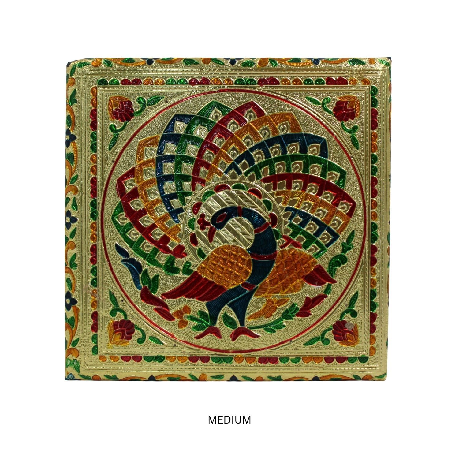 Gold Meenakari Peacock MDF Square Pooja Chowki | Aluminium Foil Gold Chowki | Kolam Manai | All Purpose Stand | 1 Peice - Image 5