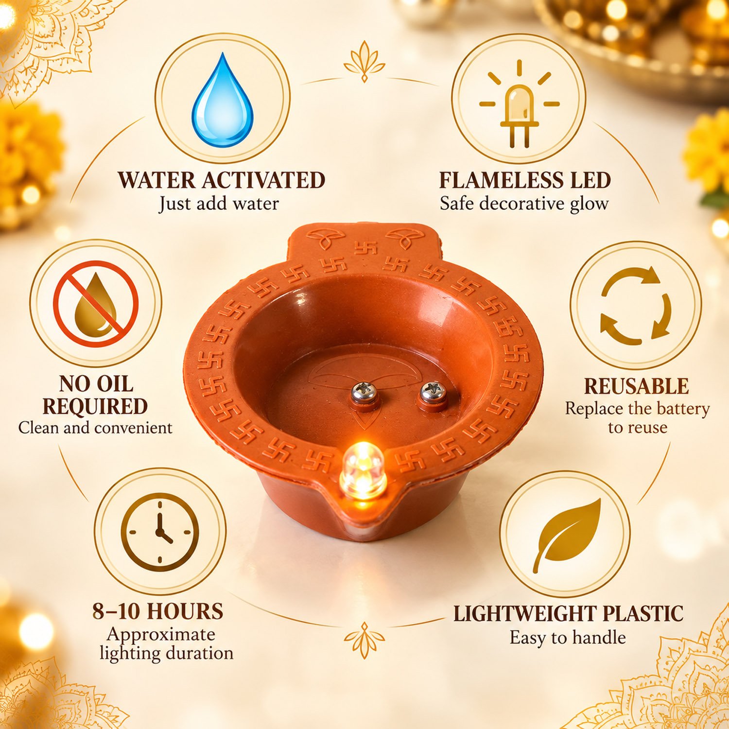 Water Sensor Diya Om Design | LED Villaku Set I Battery Operated (12 pcs) | Deepavali Festive Decor - Image 3