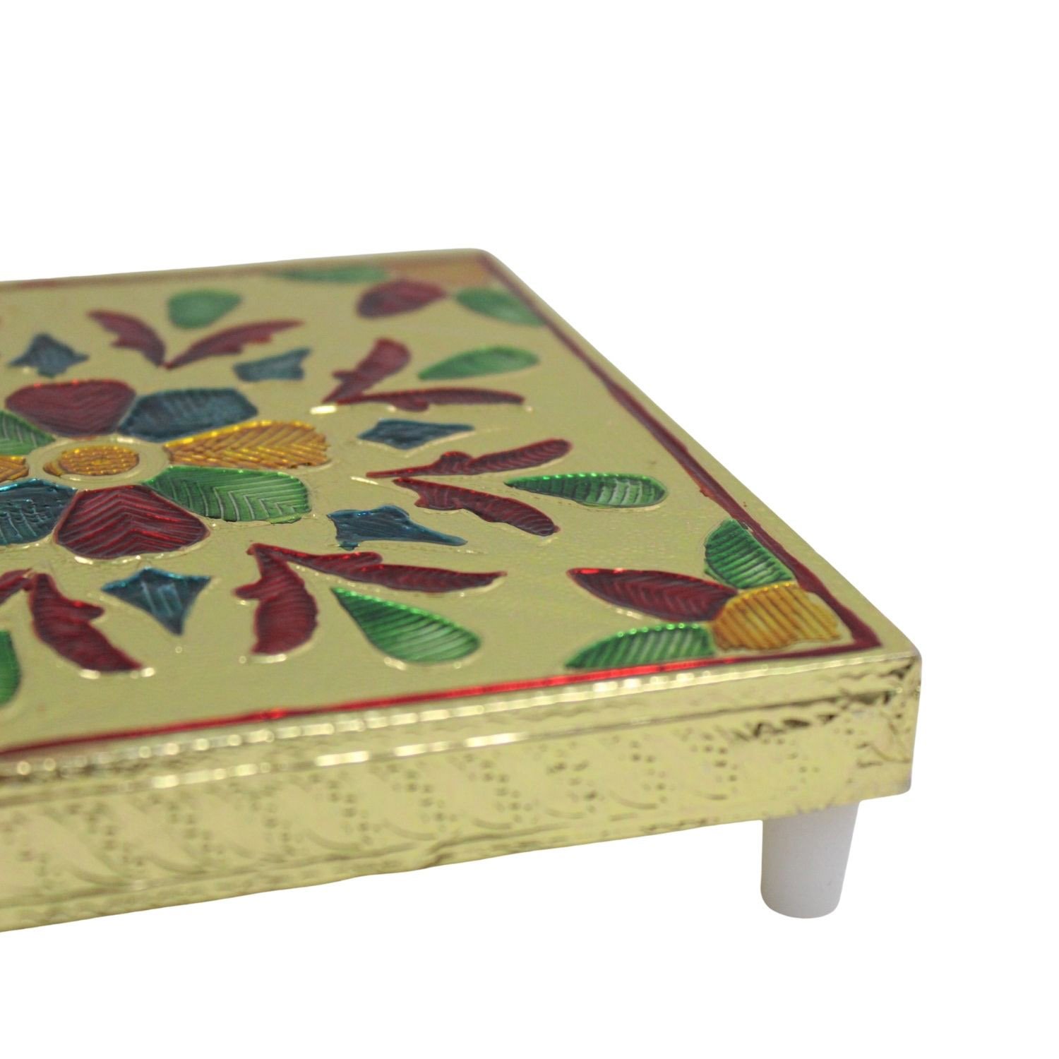 Gold Meenakari Flower MDF Square Pooja Chowki | Aluminium Foil Gold Chowki | Kolam Manai | All Purpose Stand | 1 Peice - Image 6