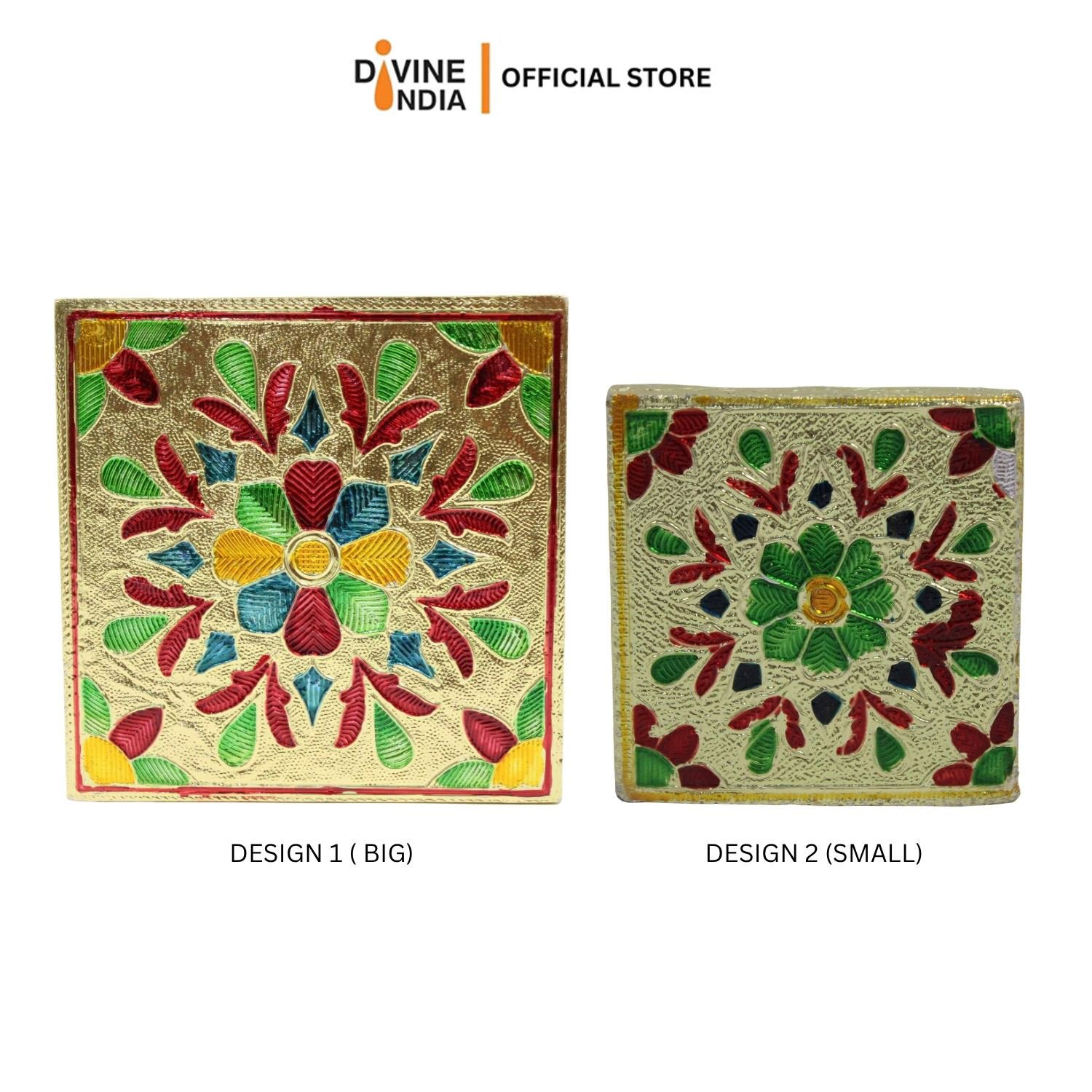 Gold Meenakari Flower MDF Square Pooja Chowki | Aluminium Foil Gold Chowki | Kolam Manai | All Purpose Stand | 1 Peice - Image 2