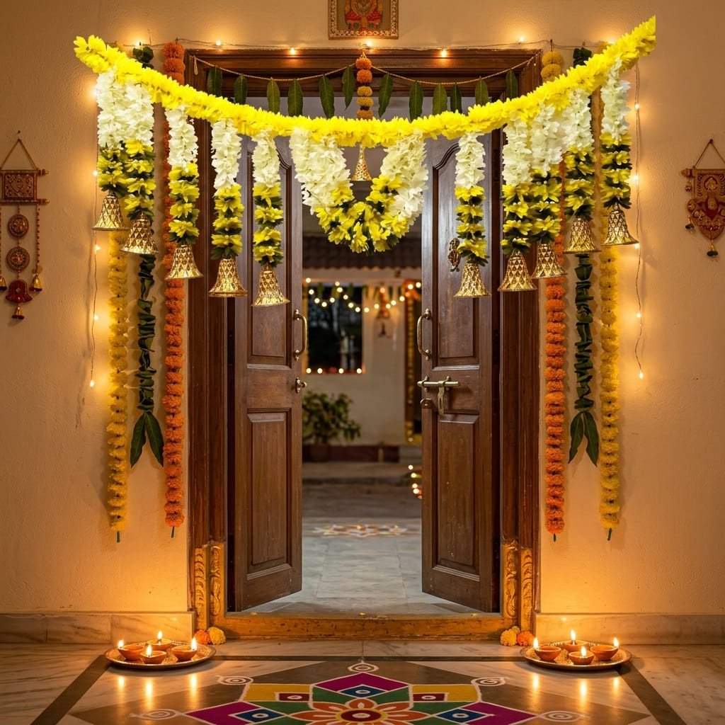New Indian Flower Thoran Door Hanging | Decorative Floral Entrance Garland with Bell Accents | Festival & Pooja Decor - Image 3