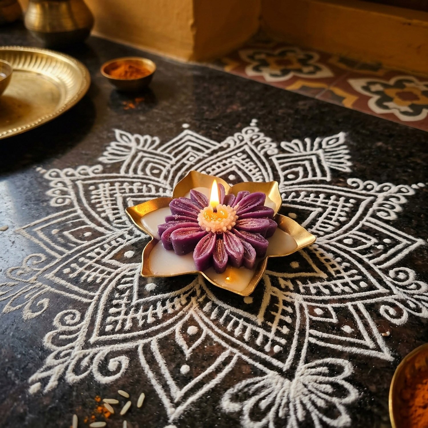 New Indian Flower Diya | Decorative Floral Design Pooja Diya | Indian Home Temple Decoration | Deepavali Festive Decor - Image 7