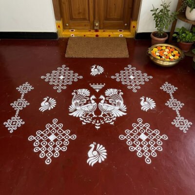 Viral Kolam Stencil Combo Set | 4" 8" 12" & 13" Border With White Powder | Depawali Reusable Rangoli Decoration
