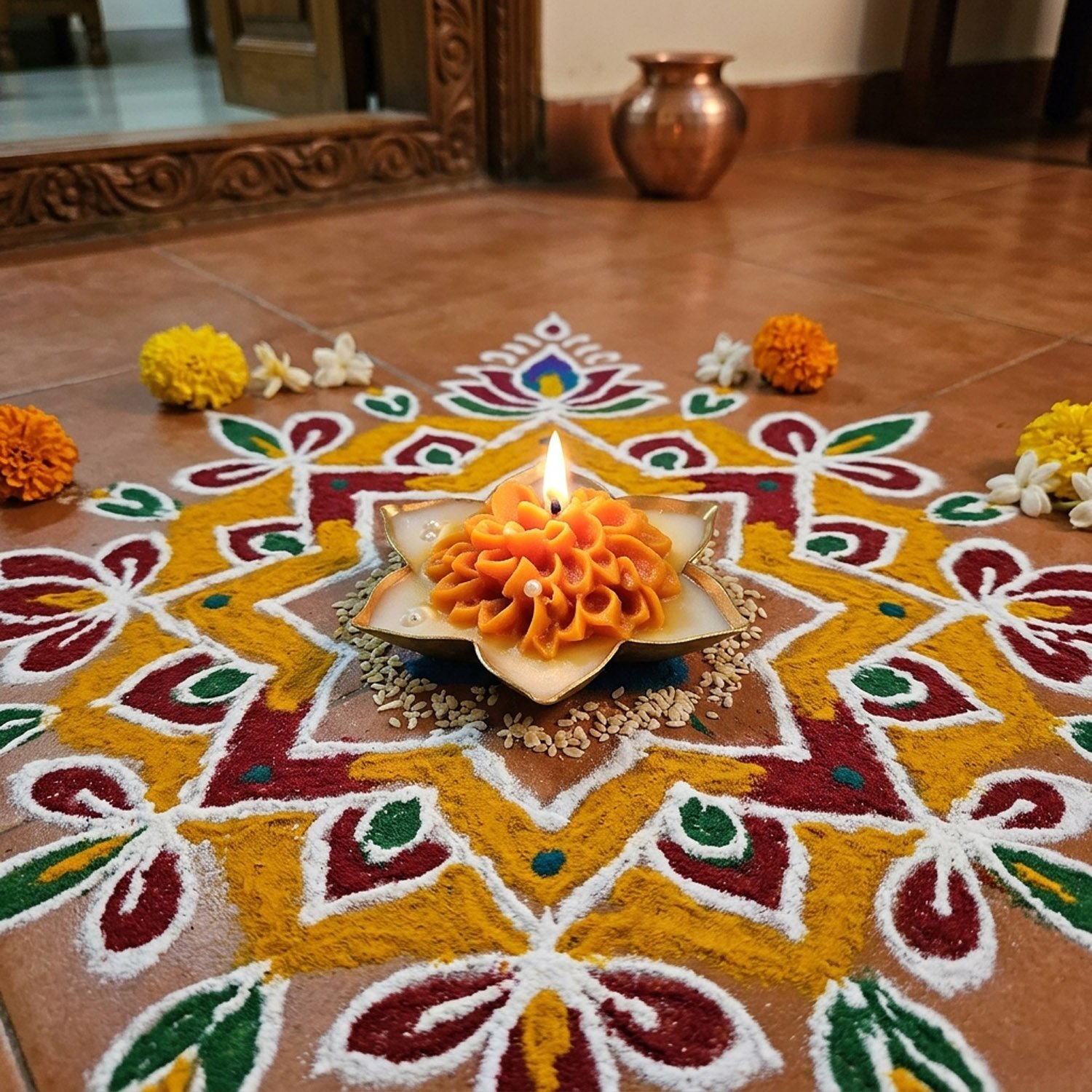 New Indian Flower Diya | Decorative Floral Design Pooja Diya | Indian Home Temple Decoration | Deepavali Festive Decor - Image 6