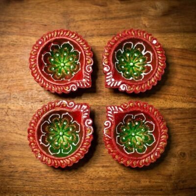 Handmade Deepavali | Festival Terracotta Villaku / Oil Lamp / Diya 4 Pc - Deepavali Deco Set 5