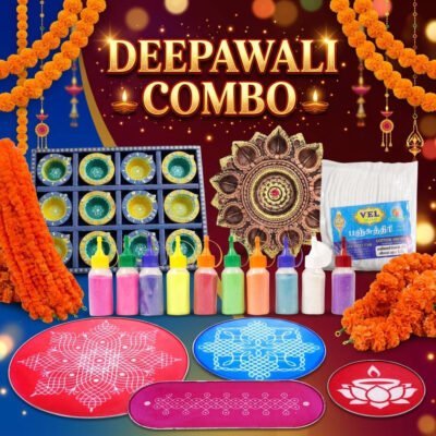Deepavali Combo Set | Kolam Stencils, Colours, Terracotta Diyas, Marigold Thoran & Pooja Essentials| Depawali Decoration